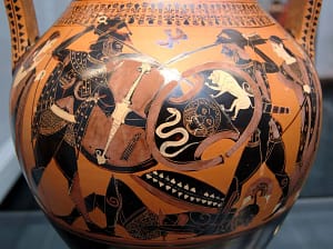 A Greek pot depicting Achilles fighting Memnon during the Trojan War,\