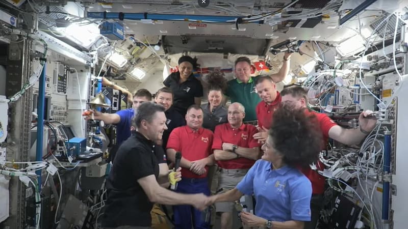 Roscosmos cosmonaut Oleg Kononenko and NASA astronaut Suni Williams shake hands during a change of command ceremony aboard the International Space Station, Sep. 22, 2024. (Image credit: NASA)