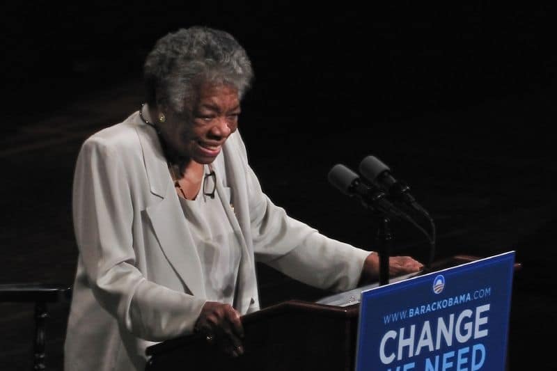 Angelou speaking at a rally